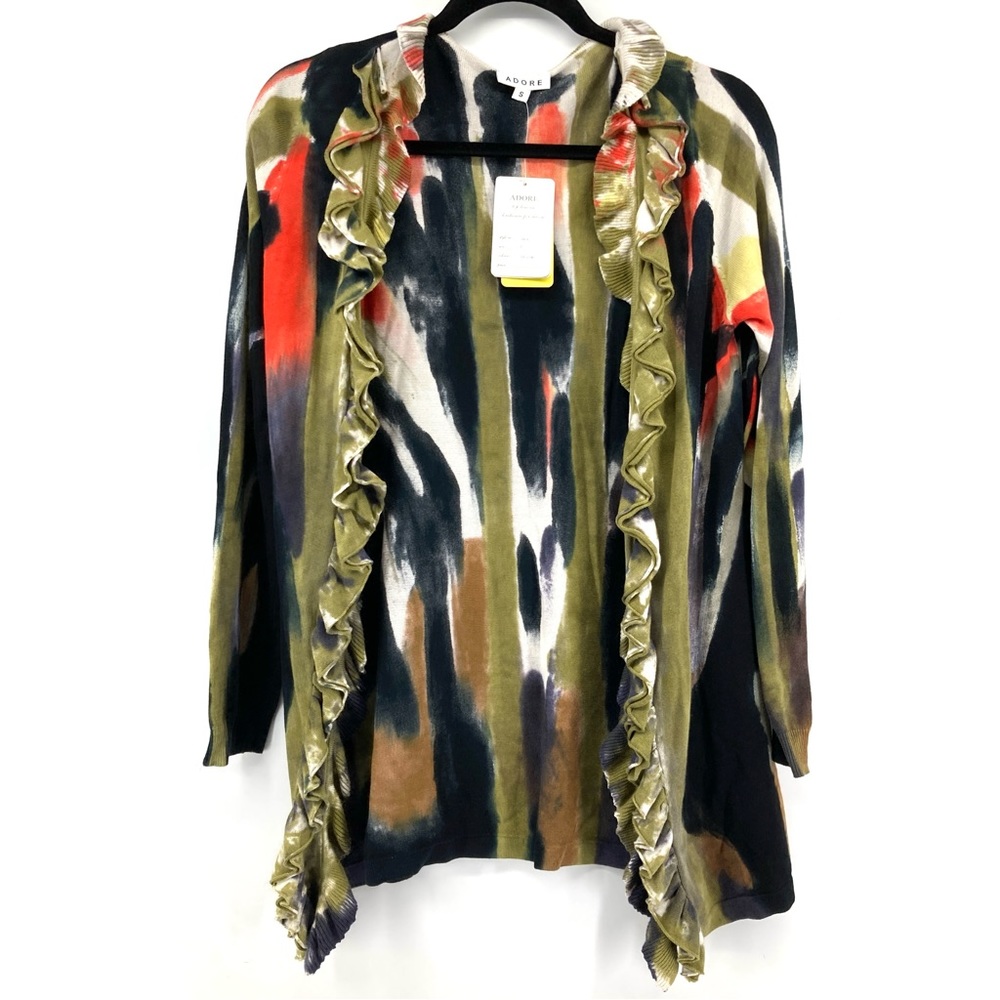 Adore Abstract Watercolor Open Ruffle Front Cardigan
